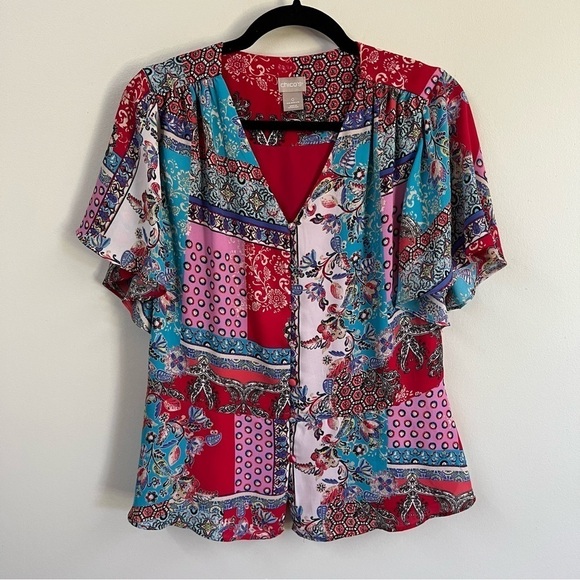 Chicos Patchwork Peplum Flutter Sleeve Top - Picture 4 of 13